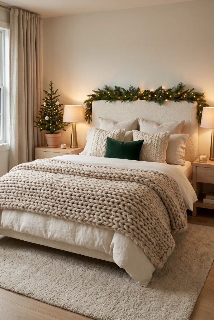 Cozy Christmas bedroom featuring oversized knitted blankets and textured pillows