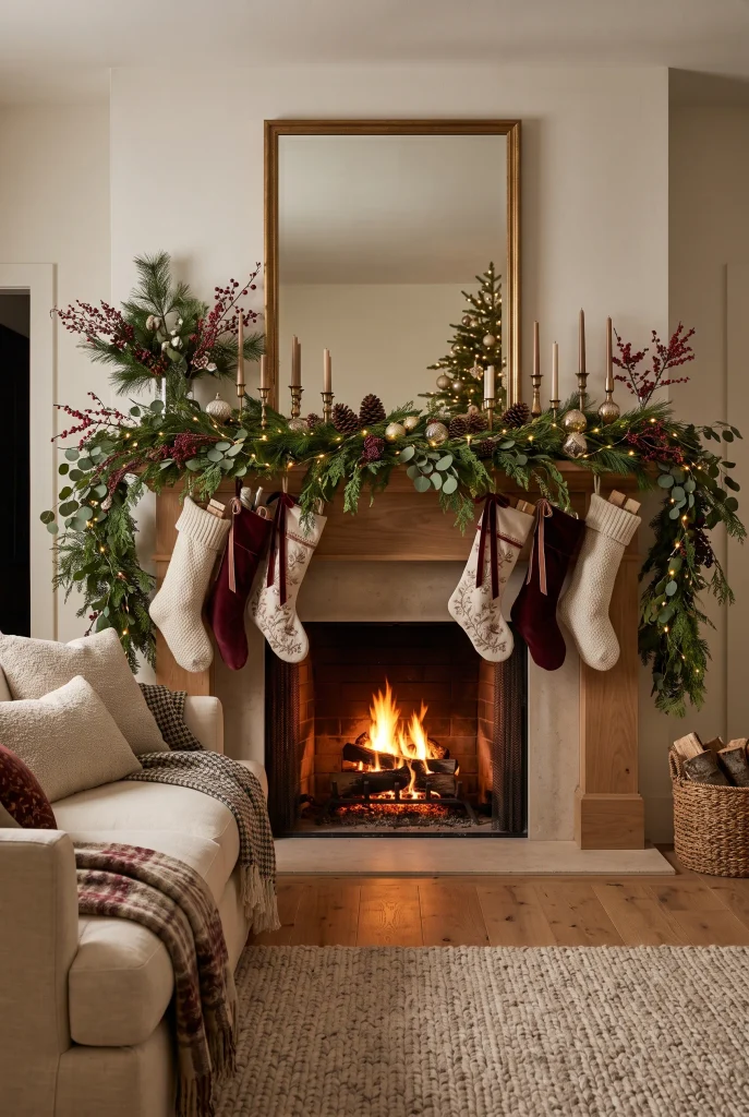 Layered Christmas mantel with pine, cedar, eucalyptus, berry branches, stockings, ribbon, and warm lights