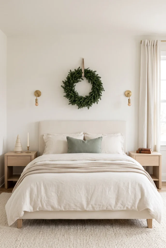 Minimalist neutral Christmas bedroom with a simple wreath above the bed