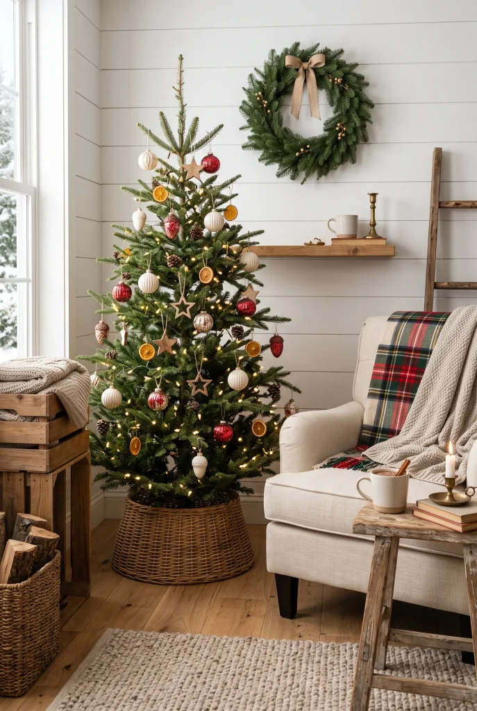 Small farmhouse Christmas tree styled in a cozy living room corner
