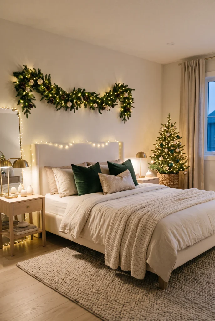 Cozy Christmas bedroom featuring layered warm white lights, garland, and a small tree