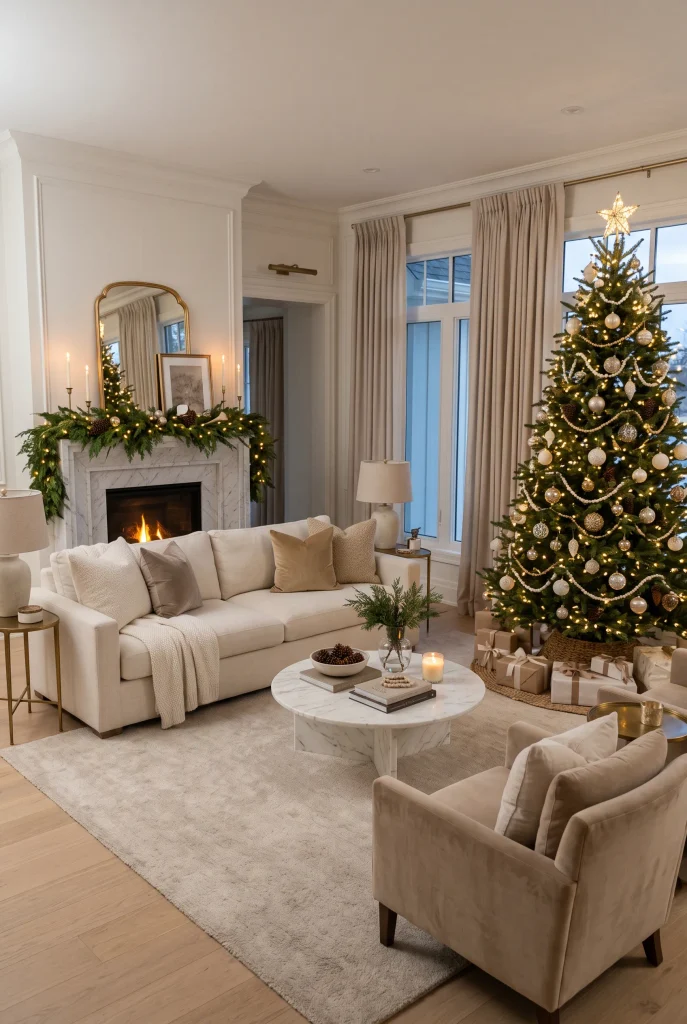 Elegant Christmas living room seating arrangement with cream sofa and velvet chairs