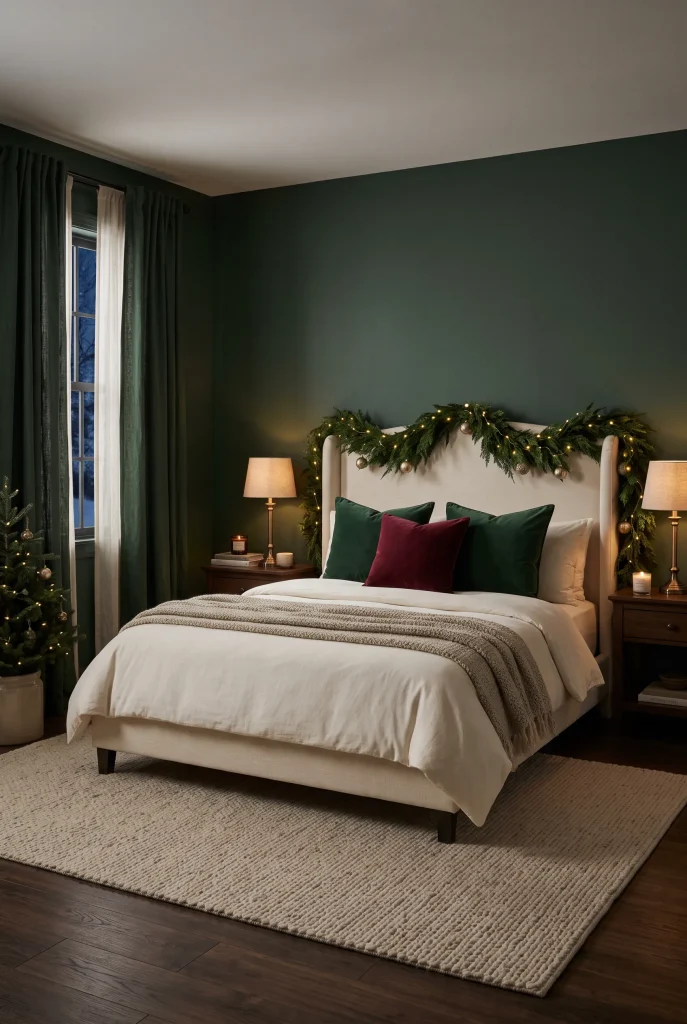Moody green Christmas bedroom with cream bed and burgundy accents