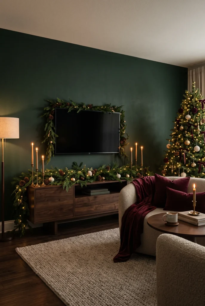 Moody forest green Christmas TV wall with walnut furniture, brass accents, and greenery