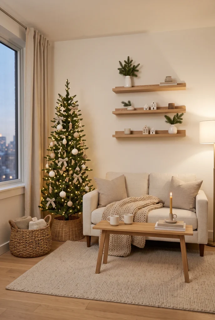 Small neutral Christmas living room with slim tree, cream loveseat, and compact decor