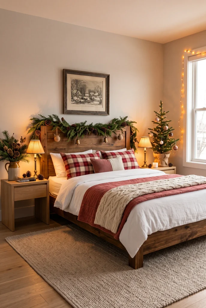 Rustic Christmas bedroom with muted red bedding, cream wool layers, and pine greenery