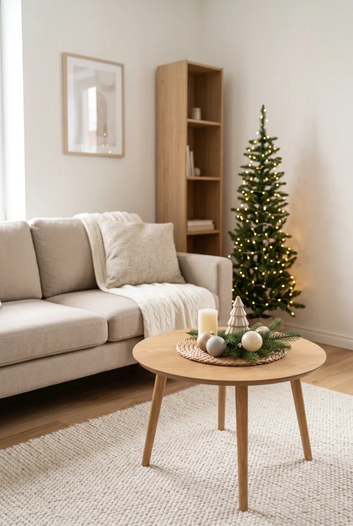 Small Christmas coffee table with a compact tray and seasonal decor