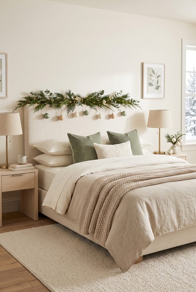 Cream and sage Christmas bedroom with greenery and soft seasonal accents