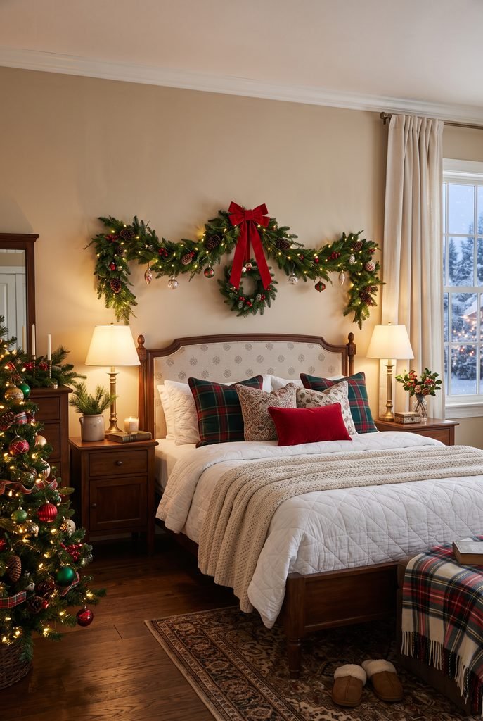 Traditional Christmas bedroom with red and green plaid pillows, evergreen garland, and warm lighting