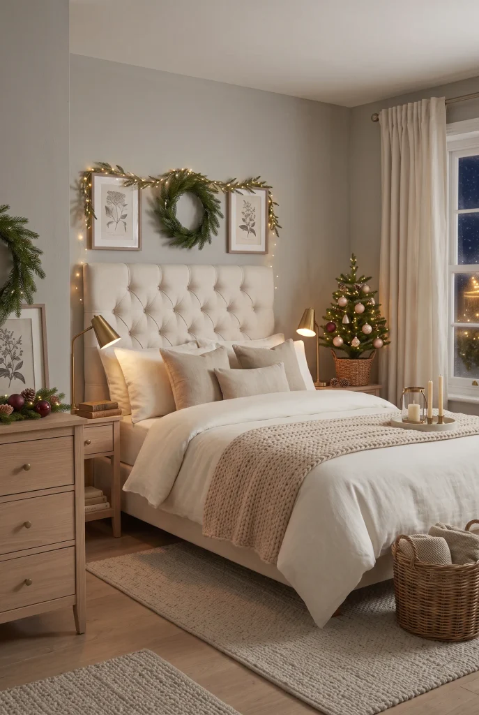 Warm simple Christmas bedroom with neutral bedding, greenery, fairy lights, and a small tree