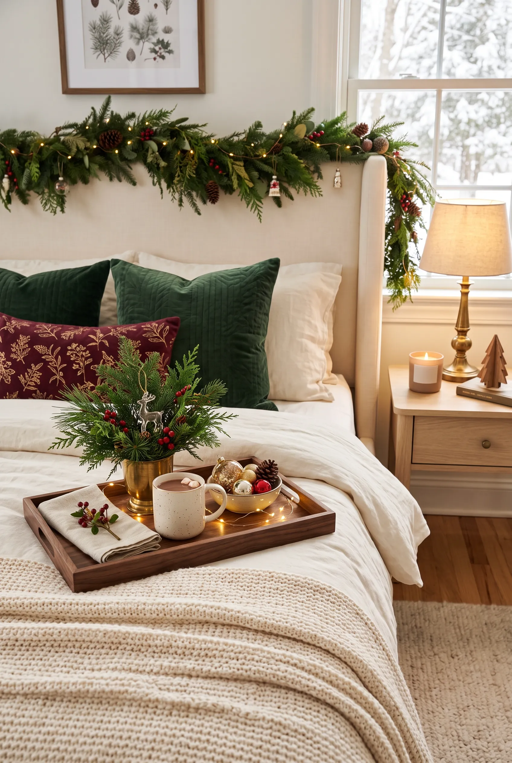 Christmas bedroom tray styled with evergreen branches, pinecones, and seasonal accents