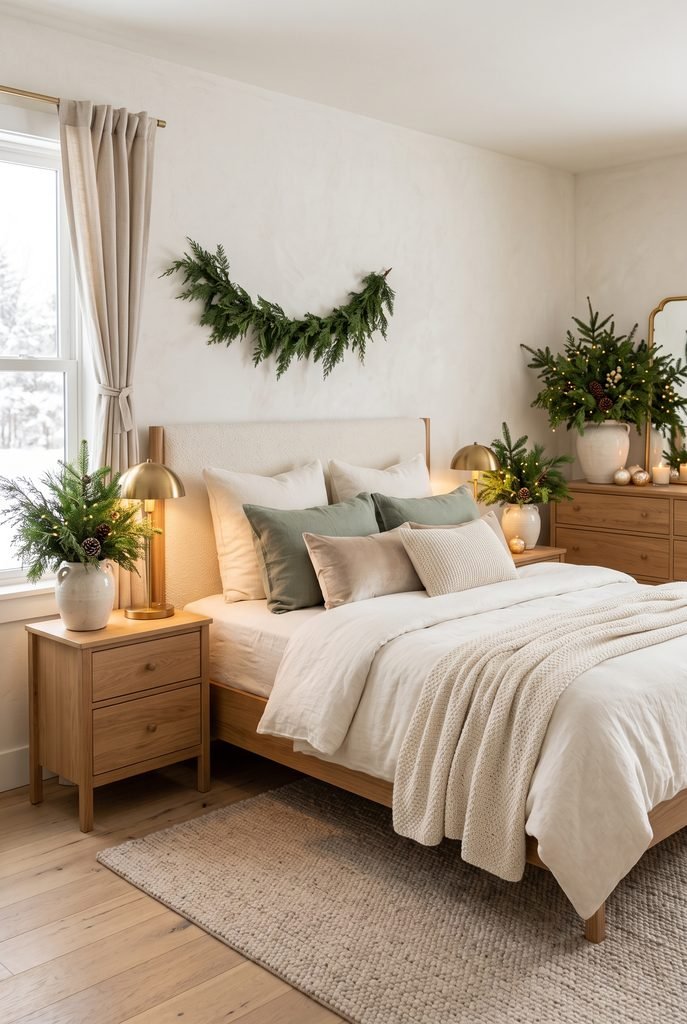 Elegant Christmas bedroom decorated with evergreen branches in ceramic vases and neutral bedding