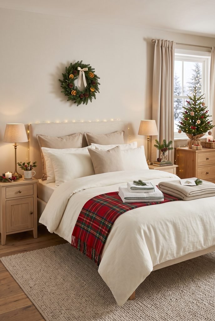 Welcoming Christmas guest bedroom with plaid throw, wreath, and miniature tree
