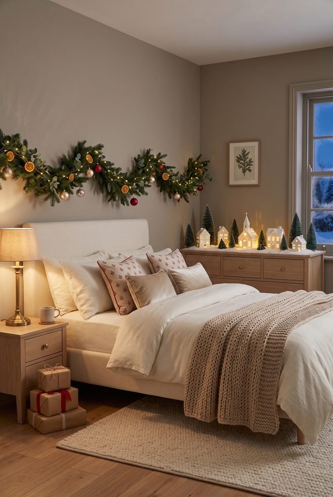 Cozy Christmas bedroom with a miniature winter village display on a wooden dresser