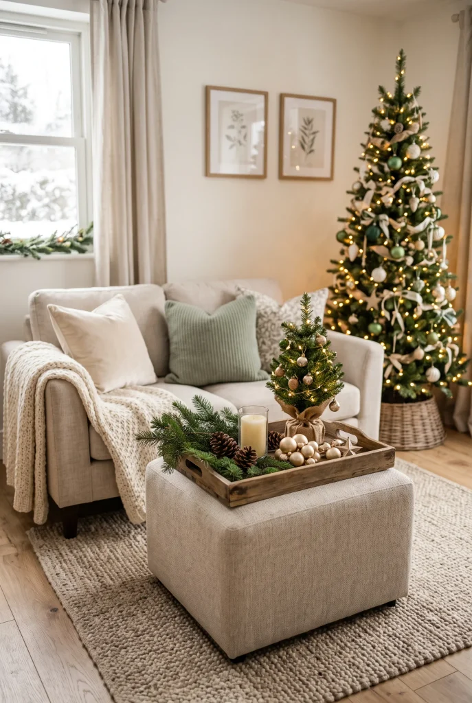 Christmas tray with greenery and candles on a small living room ottoman