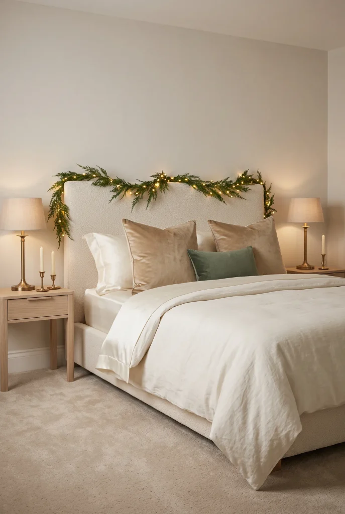 Elegant Christmas bedroom with ivory bedding, brass accents, champagne textiles, and greenery