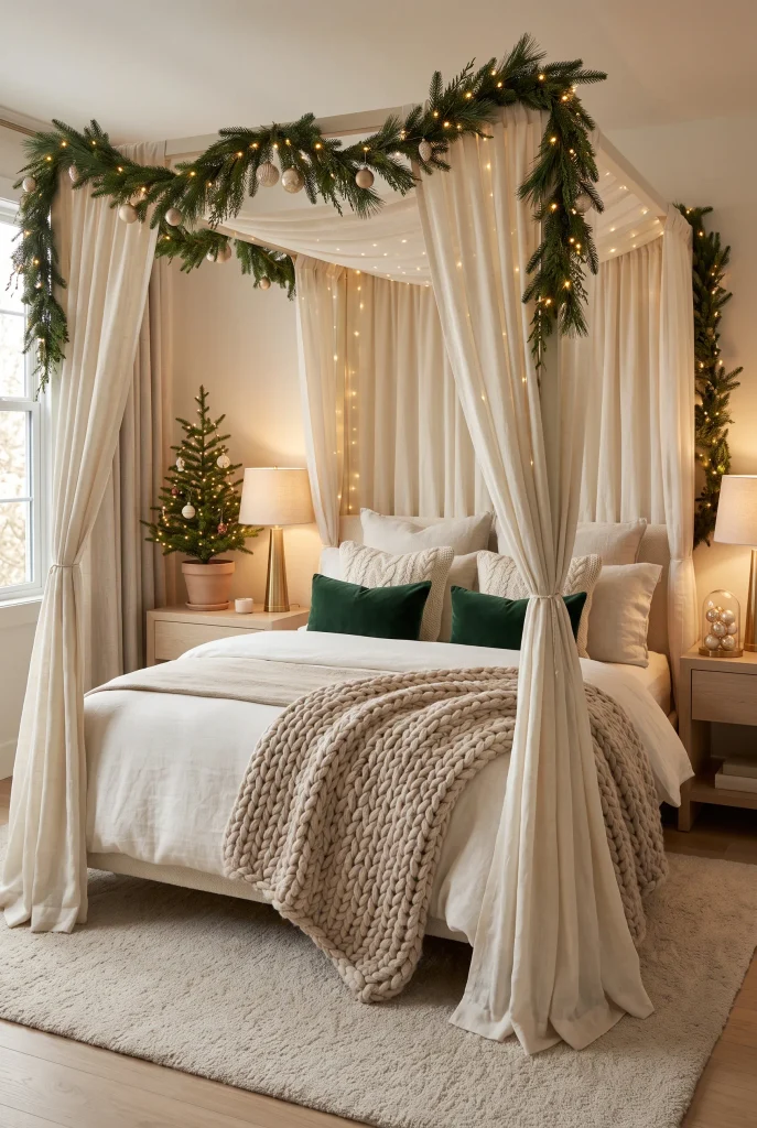 Elegant canopy bedroom decorated with evergreen garland and warm Christmas lights