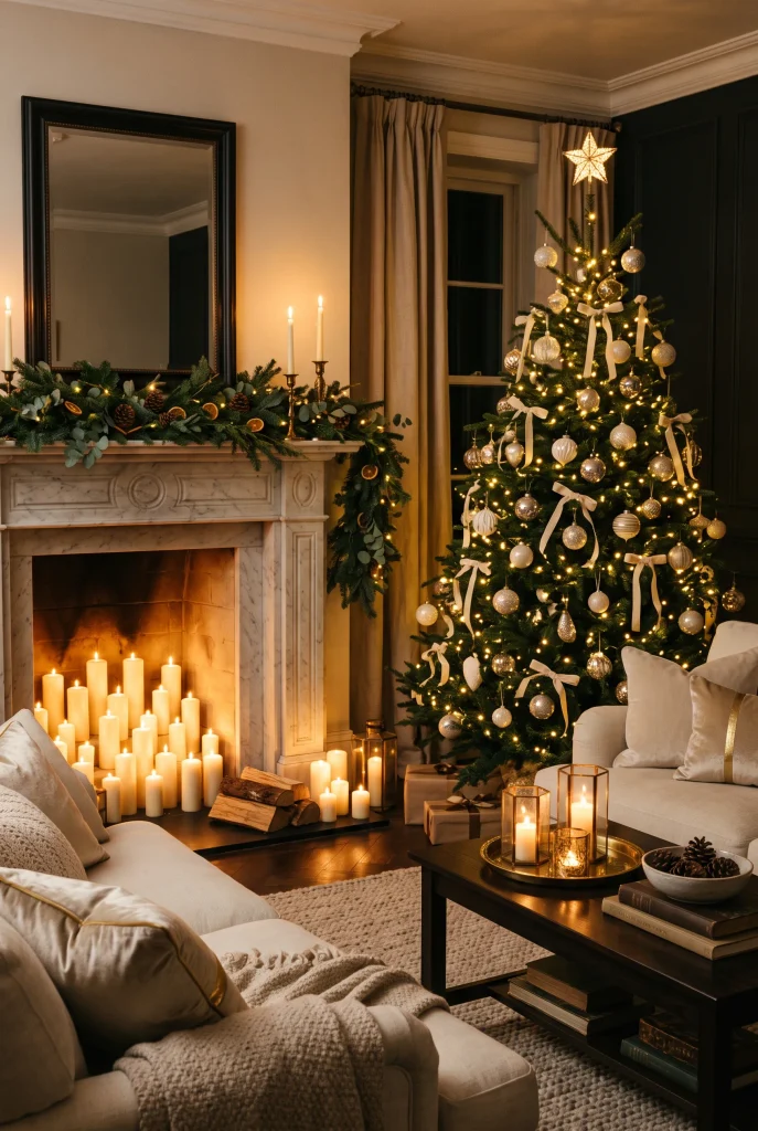 Luxury Christmas living room glowing with candlelight, evergreen garland, and tree lights