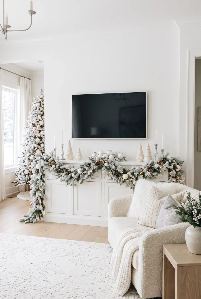 Elegant white Christmas TV wall with ivory decorations, greenery, and pale wood