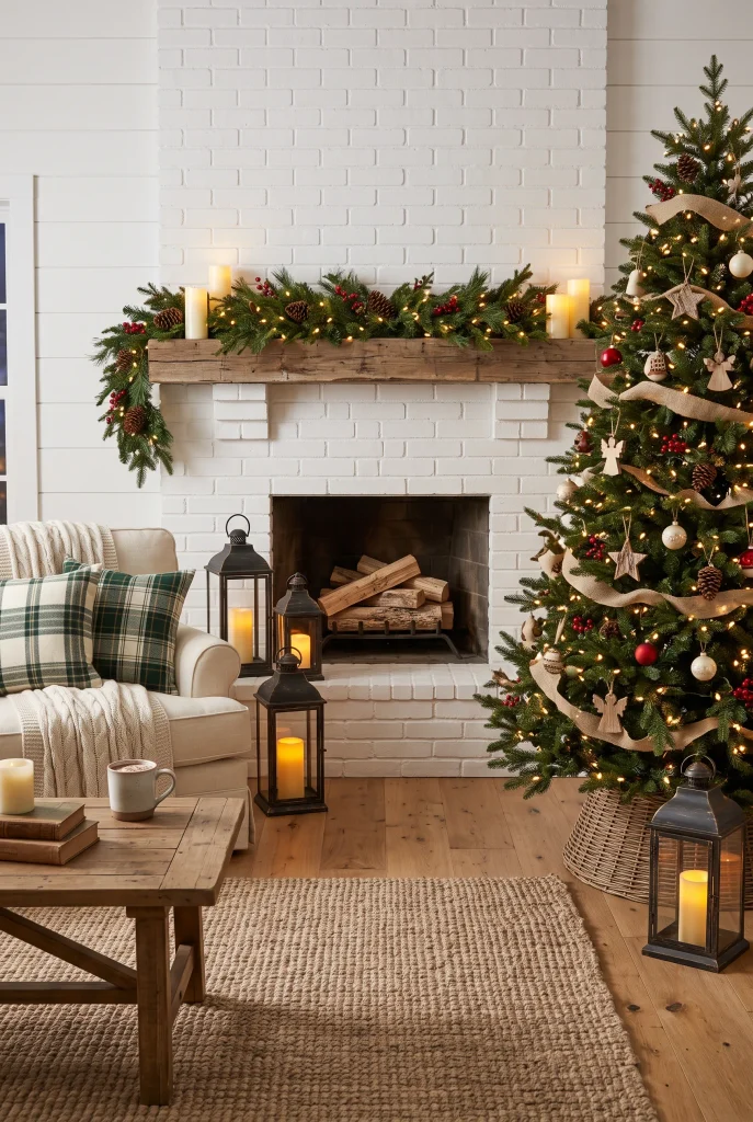 Farmhouse Christmas living room with vintage-style lanterns and evergreen garland