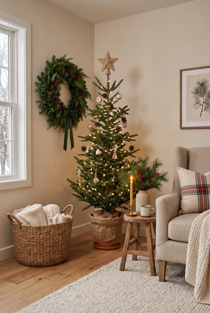 Layered Christmas living room corner with tree, wreath, basket, and greenery