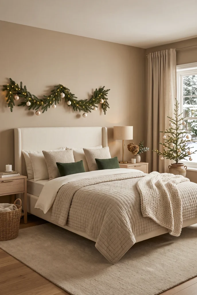Cozy neutral Christmas bedroom with layered textures and seasonal greenery