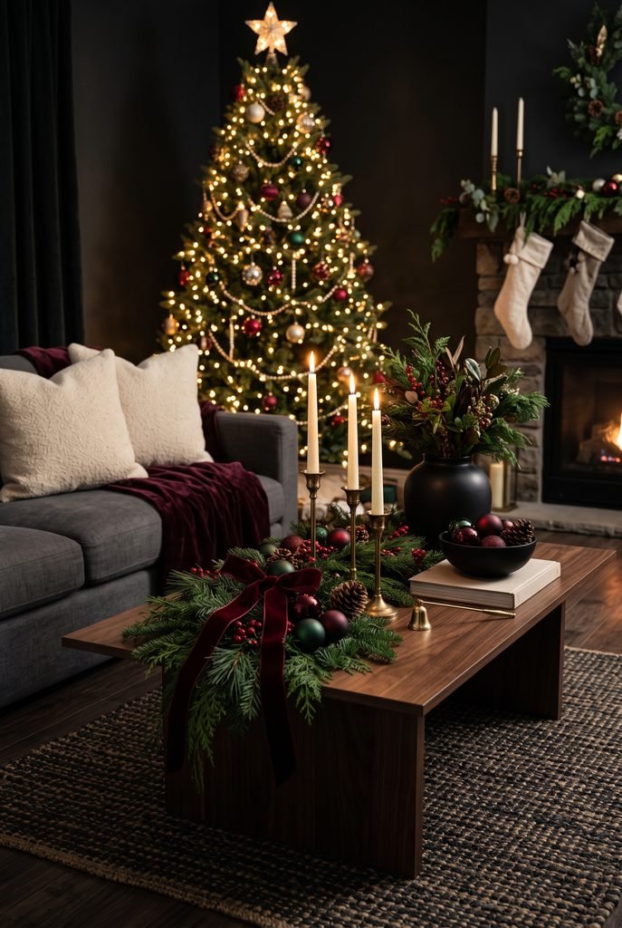 Moody Christmas coffee table with deep green and burgundy accents