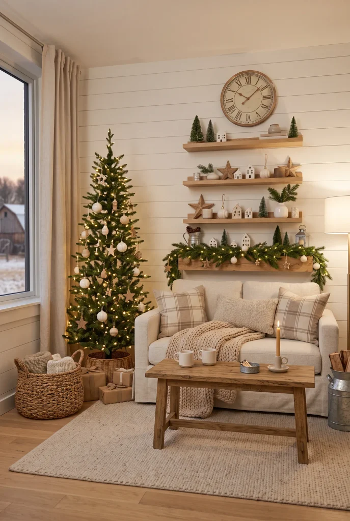 Neutral farmhouse Christmas living room with wood mantel, cream sofa, greenery, and tree