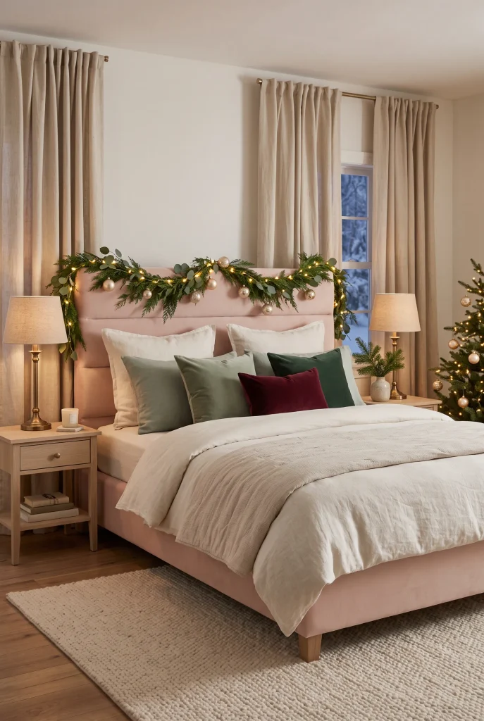 Soft pink Christmas bed with sage green pillows and evergreen garland