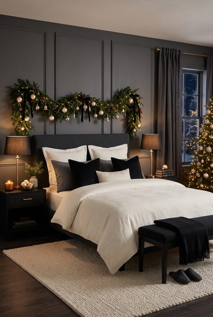 Modern black and gold Christmas bedroom with ivory bedding, evergreen garland, and brass accents