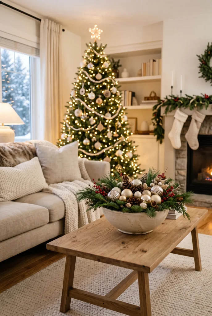 Cream decorative bowl filled with Christmas greenery and ornaments