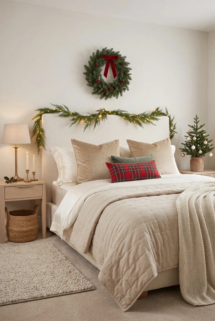 Welcoming Christmas guest bedroom with white bedding, plaid pillow, green accents, and a small tree