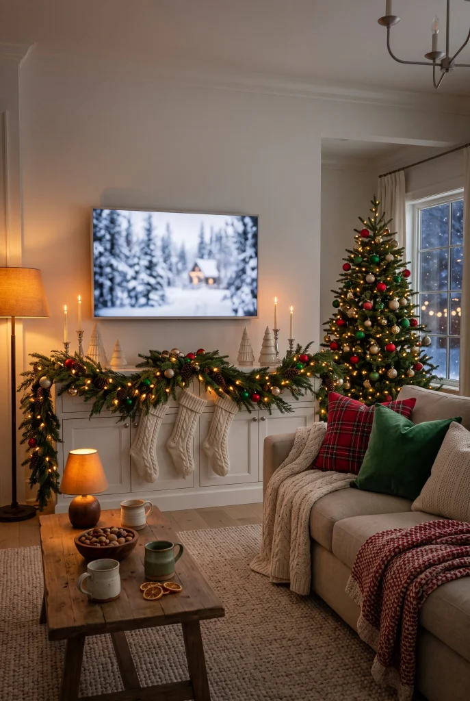Cozy Christmas movie night living room with decorated TV wall, blankets, pillows, and warm lighting