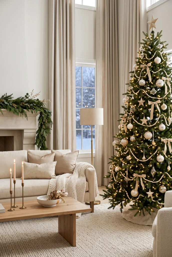 Elegant neutral Christmas living room with champagne ornaments, cream sofa, and warm lights