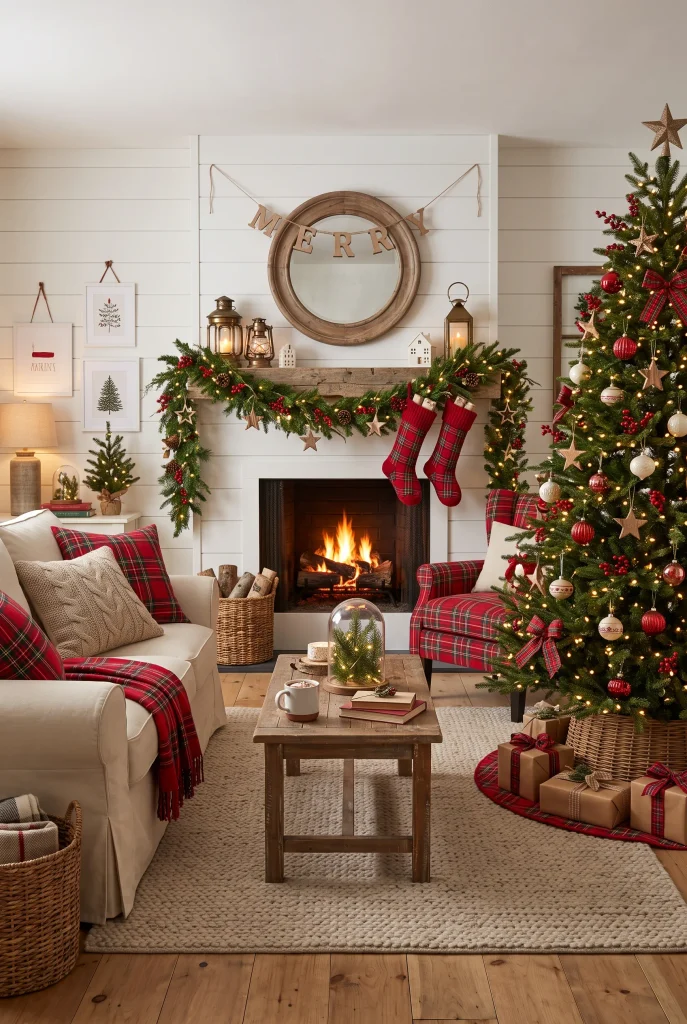 Traditional farmhouse Christmas living room with red plaid and evergreen decorations