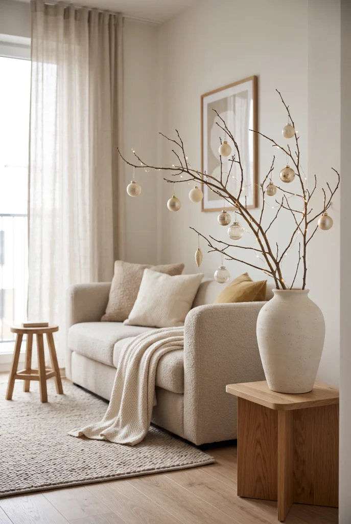 Decorative branches in a vase with small Christmas ornaments hanging from them