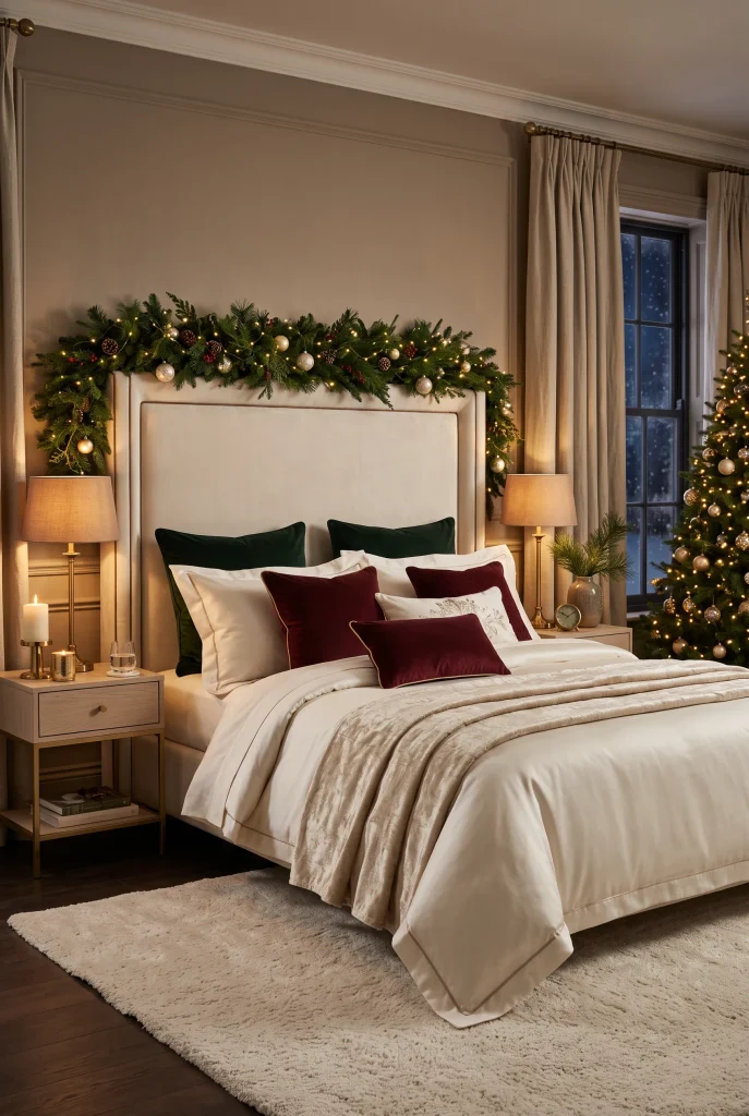 Luxury Christmas bed with velvet pillows, brass lamps, and evergreen garland