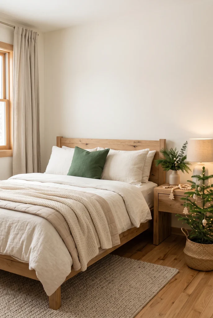 Simple Christmas bedroom with natural wood furniture, greenery, and wooden ornaments