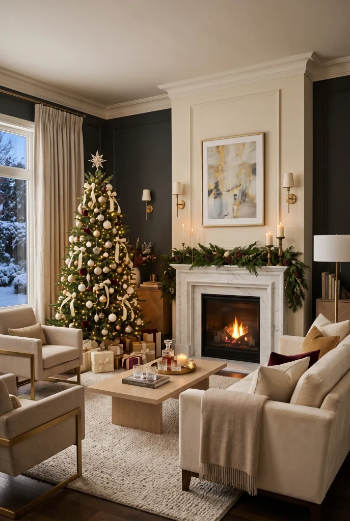 Timeless luxury Christmas living room with cream seating, marble fireplace, and elegant tree
