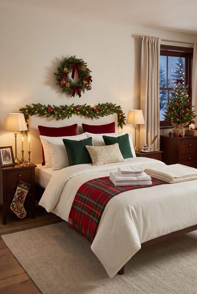 Traditional Christmas bedroom with red and green bedding and evergreen garland
