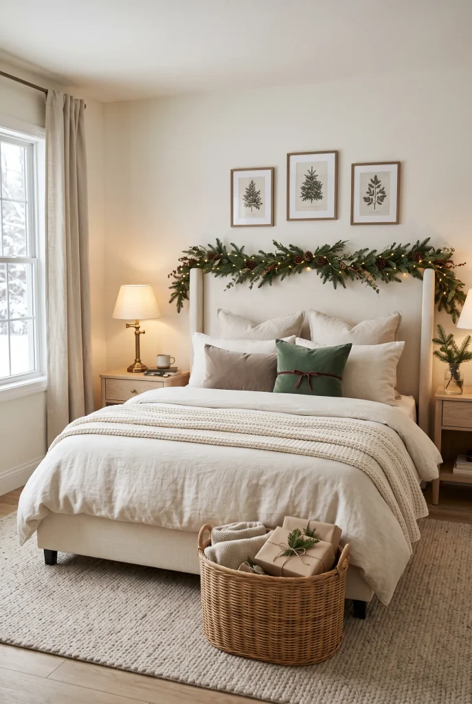 Luxury Christmas bedroom with velvet bedding accents, brass lamps, greenery, and gold ornaments