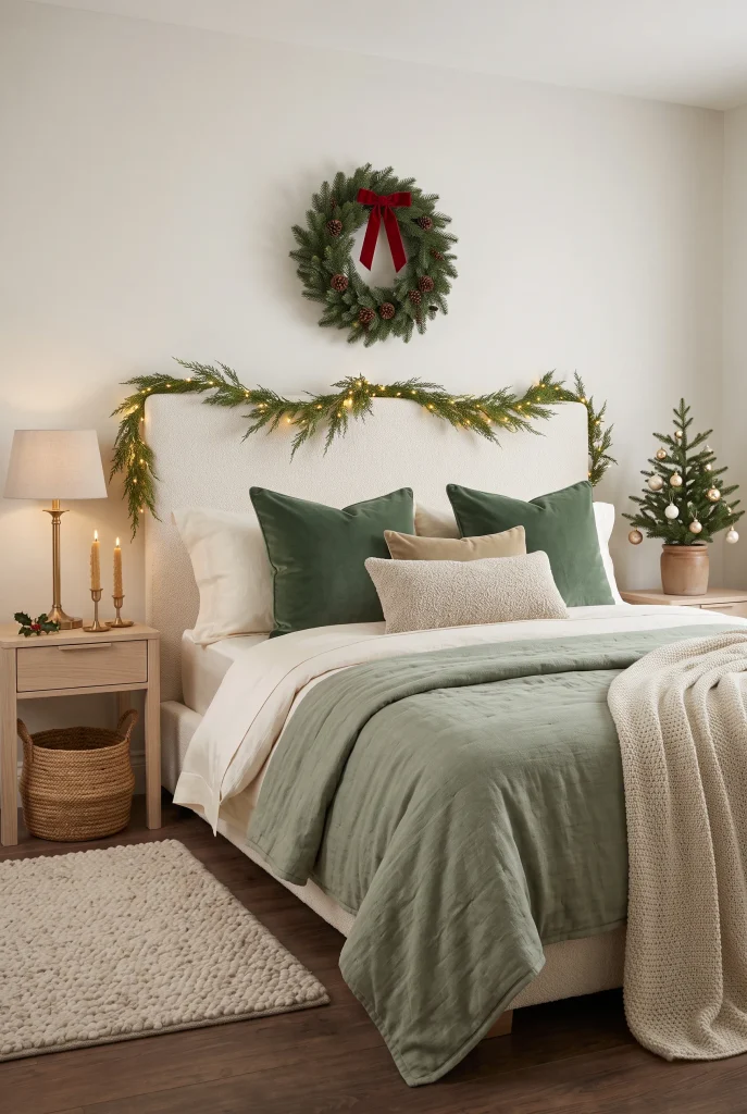 Christmas bedroom with layered cream and green bedding, evergreen garland, and warm lighting