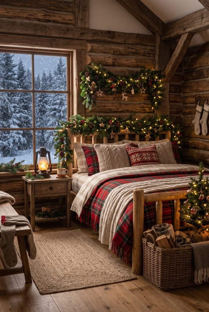 Cozy cabin Christmas bedroom with rustic wood bed, red plaid blanket, greenery, and warm lighting