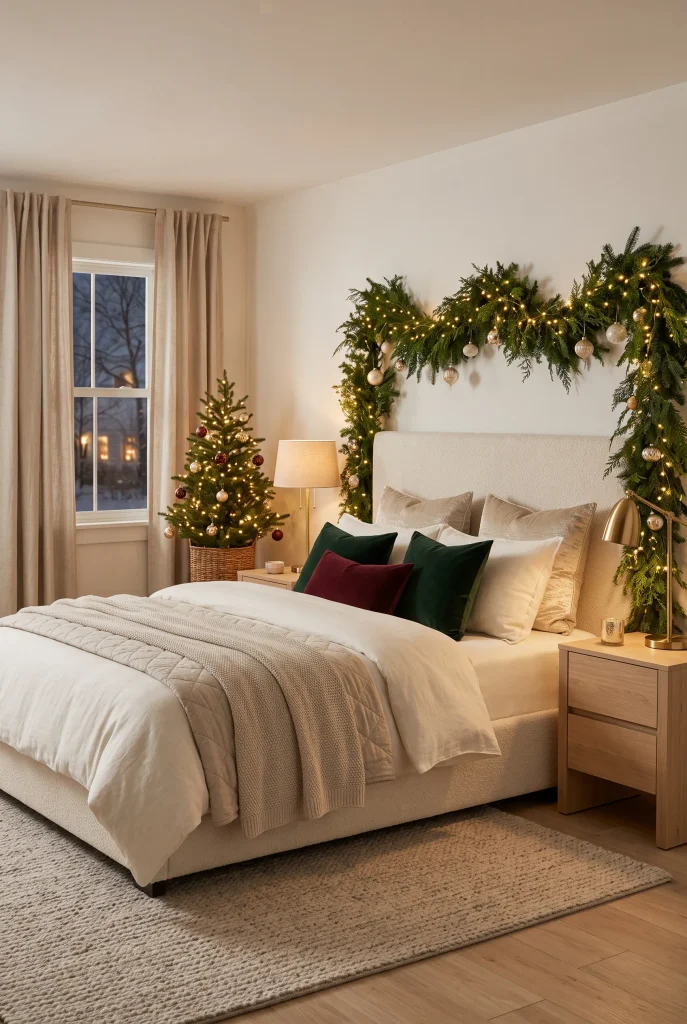 Dreamy Christmas bedroom with warm lighting, evergreen garland, and festive bedding