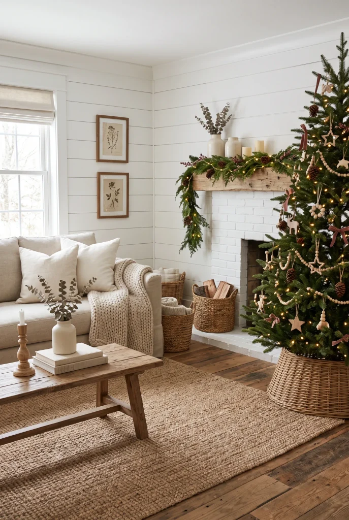 Farmhouse Christmas living room layered with wood, linen, wool, jute, and greenery