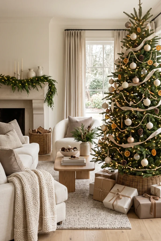 Layered neutral Christmas living room with cream, beige, muted green, natural wood, and warm lights