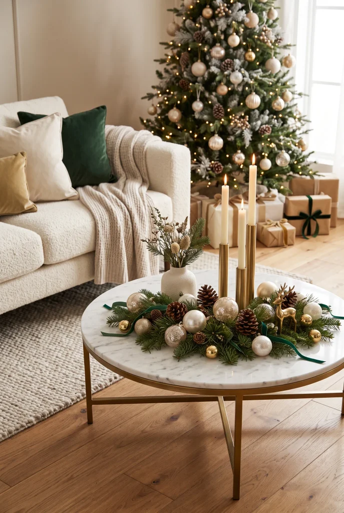 Luxe Christmas coffee table with marble, brass, greenery, and candles