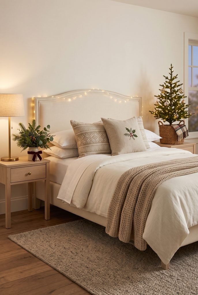 Simple cozy Christmas bedroom with layered bedding, greenery, lights, and small tree