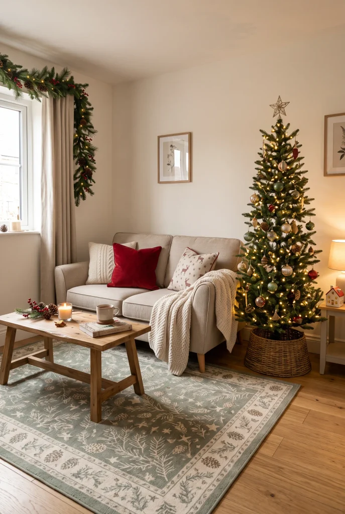 Small living room with a subtle green and cream Christmas-inspired rug