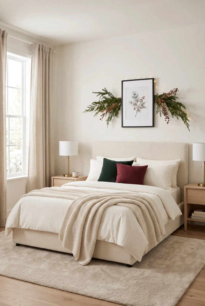 Modern Christmas bedroom with simple seasonal wall decor and evergreen branches
